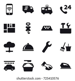 16 vector icon set : phone wireless, delivery, taxi, repair tools, wrench, bucket and broom, car wash, washing powder, wiping, iron