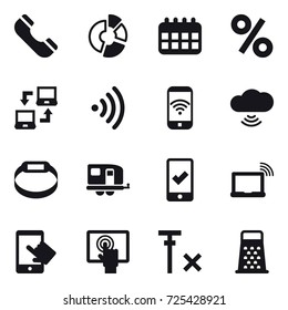 16 vector icon set : phone, circle diagram, calendar, percent, notebook connect, wireless, phone wireless, cloud wireless, smart bracelet, trailer, mobile checking