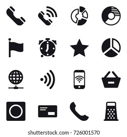 16 vector icon set : phone, call, circle diagram, flag, alarm clock, star, diagram, globe connect, wireless, phone wireless, remove from basket, ring button