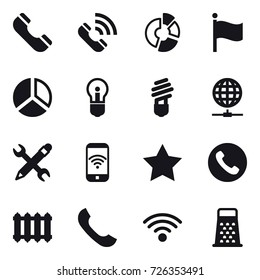 16 vector icon set : phone, call, circle diagram, flag, diagram, bulb, globe connect, pencil wrench, phone wireless, star, radiator