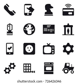 16 vector icon set : phone, touch, chess horse, tap to pay, crystall  memory, detector, mobile checking, power socket, tv, tractor
