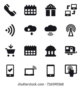 16 vector icon set : phone, calendar, gift, notebook connect, wireless, cloude service, cloud wireless, antenna, add to cart, goverment house, trailer, mobile checking