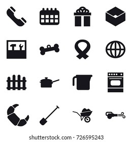 16 vector icon set : phone, calendar, gift, box, tools, bone, globe, fence, saute pan, measuring cup, shovel, wheelbarrow, blower