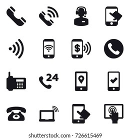 16 vector icon set : phone, call, call center, touch, wireless, phone wireless, phone pay, mobile checking