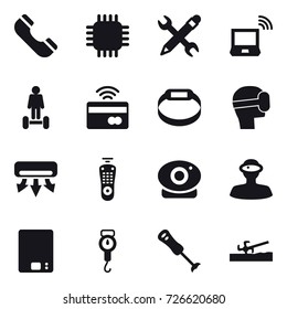 16 vector icon set : phone, chip, pencil wrench, notebook wireless, hoverboard, tap to pay, smart bracelet, virtual mask, air conditioning, kitchen scales, handle scales, soil cutter