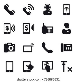 16 vector icon set : phone, call, call center, phone wireless, phone pay, mobile pay, camera