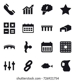 16 vector icon set : phone, diagram, brain, star, calculator, calendar, bridge, warehouse, jug