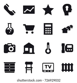 16 vector icon set : phone, statistic, star, bulb head, round flask, cart, calculator, houses, camera, home, thermometer, intercome, chest of drawers, chair, tv, radiator