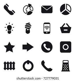 16 vector icon set : phone, circle diagram, mail, diagram, bulb, phone wireless, remove from basket, star, right arrow, ring button, radiator