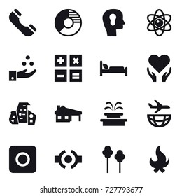 16 vector icon set : phone, circle diagram, bulb head, atom, chamical industry, calculator, modern architecture, house with garage, fountain, ring button, trees, fire