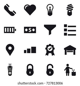 16 vector icon set : phone, heart, bulb, battery, money, funnel, list, garage, garbage bin