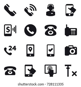 16 vector icon set : phone, call, call center, touch, mobile pay, mobile checking, camera