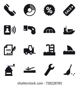 16 vector icon set : phone, circle diagram, percent, sale, pass card, hand coin, hangare, pool, shark flipper, hand mill, soil cutter, wrench, broom