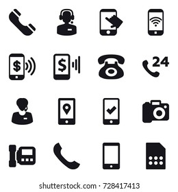 16 vector icon set : phone, call center, touch, phone wireless, phone pay, mobile pay, mobile checking, camera, intercome
