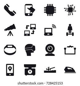 16 vector icon set : phone, touch, chip, telescope, notebook connect, notebook wireless, hoverboard, smart bracelet, virtual mask, web cam, electrostatic, kitchen scales, soil cutter, iron