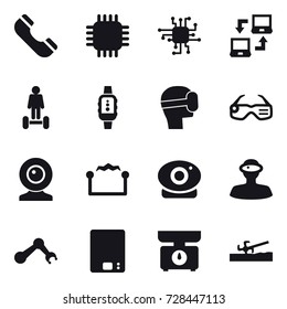 16 vector icon set : phone, chip, notebook connect, hoverboard, smartwatch, virtual mask, smart glasses, web cam, electrostatic, kitchen scales, soil cutter