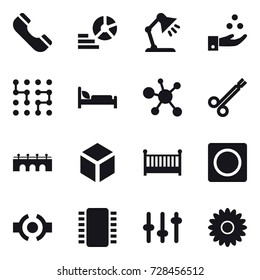 16 vector icon set : phone, diagram, table lamp, chamical industry, chip, bridge, 3d, crib, ring button, flower