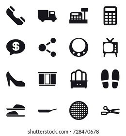 16 vector icon set : phone, truck, cashbox, calculator, money message, molecule, necklace, tv, shoes, wardrobe, dresser, slippers, pan, scissors