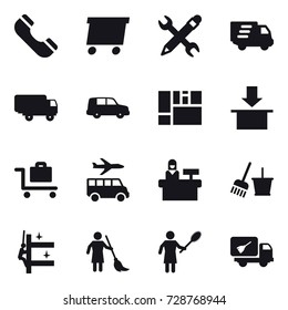 16 vector icon set : phone, delivery, pencil wrench, baggage trolley, transfer, reception, bucket and broom, skyscrapers cleaning, brooming, woman with pipidaster, home call cleaning