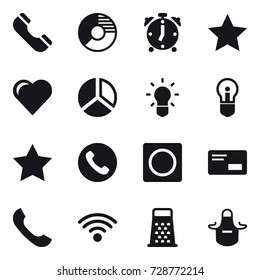 16 vector icon set : phone, circle diagram, alarm clock, star, heart, diagram, bulb, ring button, apron