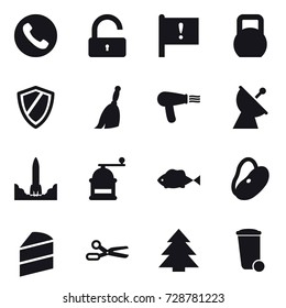 16 vector icon set : phone, unlock, shield, broom, hair dryer, satellite antenna, hand mill, scissors, spruce, trash bin
