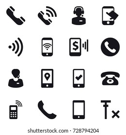 16 vector icon set : phone, call, call center, touch, wireless, phone wireless, mobile pay, mobile checking