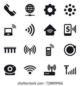 16 vector icon set : phone, globe connect, gear, round around, notebook wireless, wireless, wireless home, mobile pay, bridge