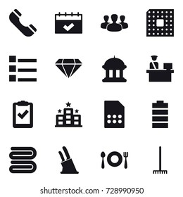 16 vector icon set : phone, calendar, group, cpu, list, diamond, goverment house, hotel, towel, knife holder, rake