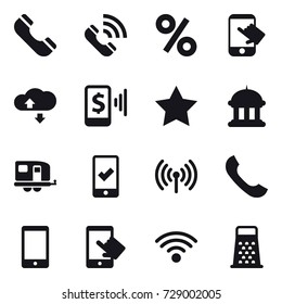 16 vector icon set : phone, call, percent, touch, cloude service, mobile pay, star, goverment house, trailer, mobile checking, wireless