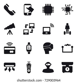 16 vector icon set : phone, touch, chip, telescope, notebook connect, notebook wireless, hoverboard, tap to pay, smartwatch, virtual mask, electrostatic, air conditioning, kitchen scales