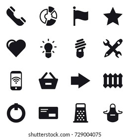 16 vector icon set : phone, circle diagram, flag, star, heart, bulb, pencil wrench, phone wireless, remove from basket, right arrow, radiator, apron