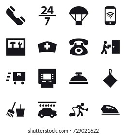 16 vector icon set : phone, 24/7, parachute, phone wireless, tools, atm, service bell, rag, bucket and broom, car wash, vacuum cleaner, iron