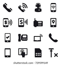 16 vector icon set : phone, call, call center, phone wireless, phone pay, mobile pay, mobile checking, intercome