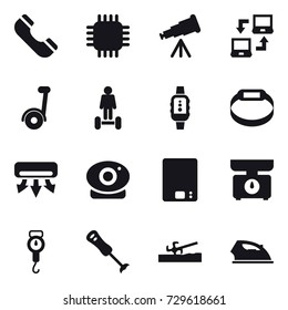 16 vector icon set : phone, chip, telescope, notebook connect, segway, hoverboard, smartwatch, smart bracelet, air conditioning, kitchen scales, handle scales, soil cutter, iron