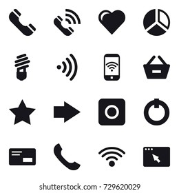 16 vector icon set : phone, call, heart, diagram, bulb, wireless, phone wireless, remove from basket, star, right arrow, ring button