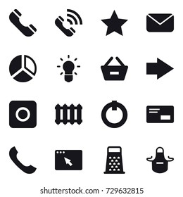 16 vector icon set : phone, call, star, mail, diagram, bulb, remove from basket, right arrow, ring button, radiator, apron