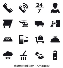16 vector icon set : phone, call, 24/7, woman, delivery, taxi, hotel, baggage trolley, service bell, vacuum cleaner, wiping, please clean