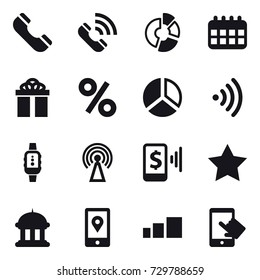 16 vector icon set : phone, call, circle diagram, calendar, gift, percent, diagram, wireless, smartwatch, antenna, mobile pay, star, goverment house