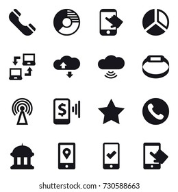 16 vector icon set : phone, circle diagram, touch, diagram, notebook connect, cloude service, cloud wireless, smart bracelet, antenna, mobile pay, star, goverment house, mobile checking
