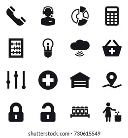 16 vector icon set : phone, call center, circle diagram, calculator, abacus, bulb, cloud wireless, add to basket, equalizer, garage, locked, unlocked, garbage bin