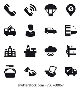16 vector icon set : phone, call, parachute, dollar pin, hotel, reception, skyscrapers cleaning, washing powder, wiping, floor washing, home call cleaning