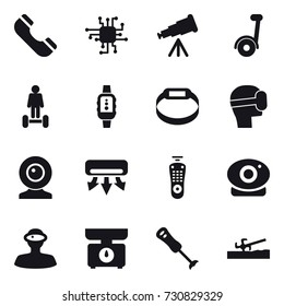 16 vector icon set : phone, chip, telescope, segway, hoverboard, smartwatch, smart bracelet, virtual mask, web cam, air conditioning, kitchen scales, soil cutter