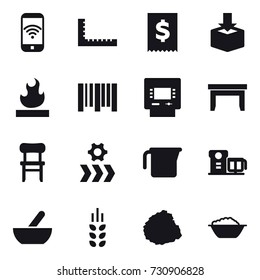 16 vector icon set : phone wireless, ruler, atm, table, chair, measuring cup, mortar, spikelets, pile of garbage, foam basin