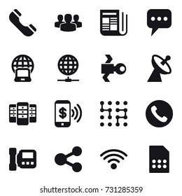 16 vector icon set : phone, group, newspaper, message, notebook globe, globe connect, satellite, satellite antenna, server, phone pay, chip, intercome