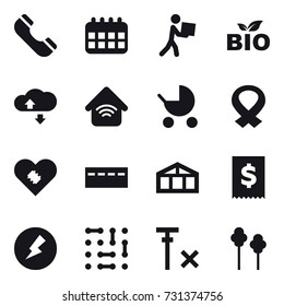 16 vector icon set : phone, calendar, courier, bio, cloude service, wireless home, baby stroller, bunker, greenhouse, electricity, trees