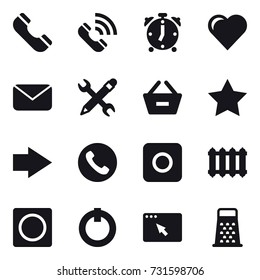 16 vector icon set : phone, call, alarm clock, heart, mail, pencil wrench, remove from basket, star, right arrow, ring button, radiator