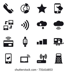 16 vector icon set : phone, circle diagram, star, touch, notebook connect, wireless, cloude service, cloud wireless, tap to pay, smartwatch, trailer, mobile checking
