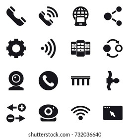 16 vector icon set : phone, call, notebook globe, molecule, gear, wireless, server, quantum bond, web cam, bridge