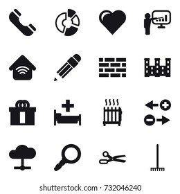 16 vector icon set : phone, circle diagram, heart, presentation, wireless home, pencil, brick wall, palace, hospital, radiator, scissors, rake