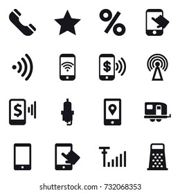 16 vector icon set : phone, star, percent, touch, wireless, phone wireless, phone pay, antenna, mobile pay, spark plug, trailer